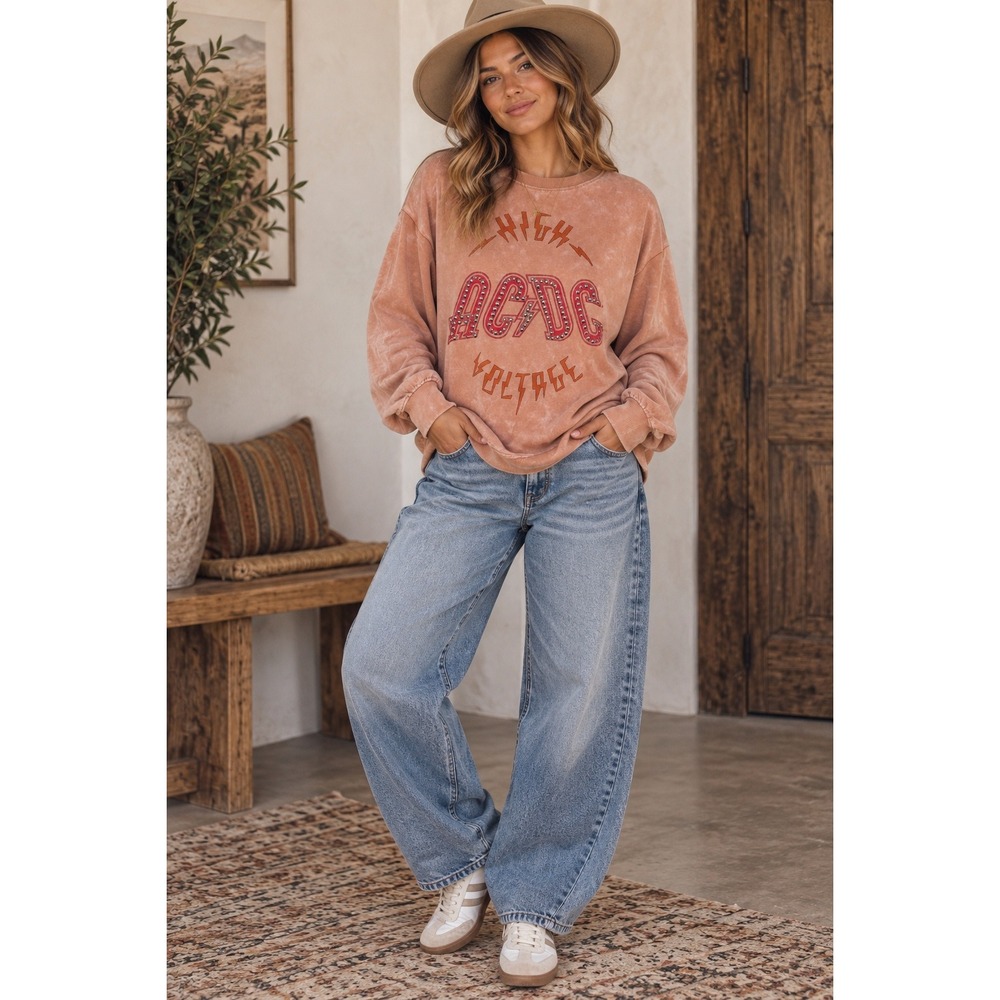 ACDC High Voltage Studded Graphic Sweatshirt Acid Wash Peach Orange Medium